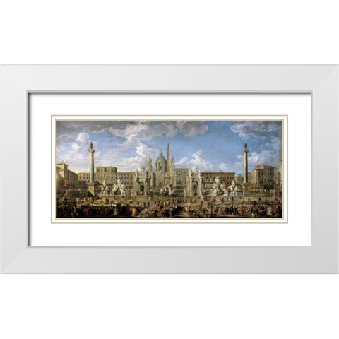 Preparation of The Fireworks - Rome White Modern Wood Framed Art Print with Double Matting by Panini, Giovanni Paolo