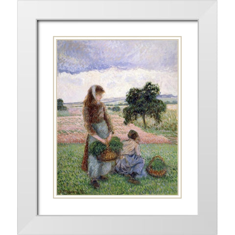 Peasants Carrying a Basket White Modern Wood Framed Art Print with Double Matting by Pissarro, Camille