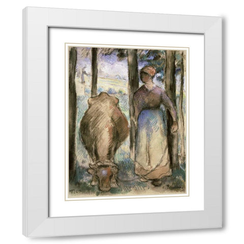 The Cowherd - La Vachere White Modern Wood Framed Art Print with Double Matting by Pissarro, Camille