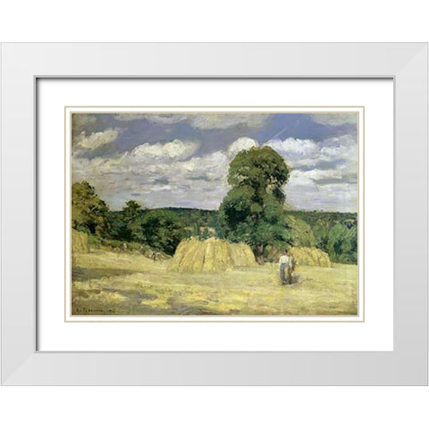 The Harvest at Montfoucault White Modern Wood Framed Art Print with Double Matting by Pissarro, Camille