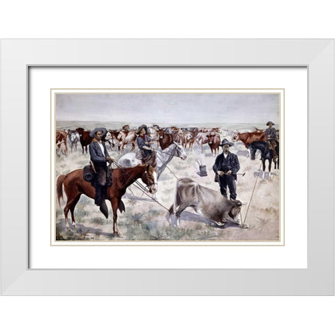 Branding a Steer White Modern Wood Framed Art Print with Double Matting by Remington, Frederic