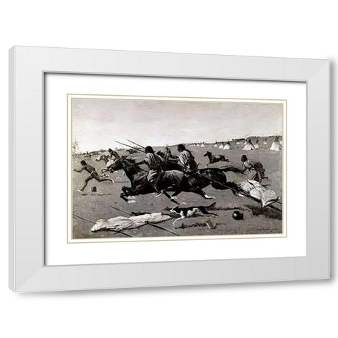 Indian Village Routed, Geronimo Fleeing From Camp White Modern Wood Framed Art Print with Double Matting by Remington, Frederic