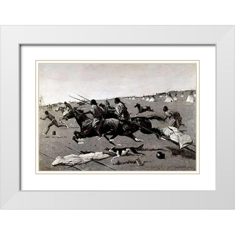 Indian Village Routed, Geronimo Fleeing From Camp White Modern Wood Framed Art Print with Double Matting by Remington, Frederic