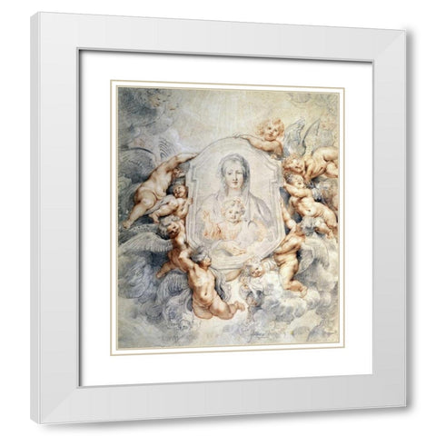 Image of the Virgin Portrayed with Angels White Modern Wood Framed Art Print with Double Matting by Rubens, Peter Paul