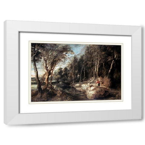 Shepherd With His Flock White Modern Wood Framed Art Print with Double Matting by Rubens, Peter Paul