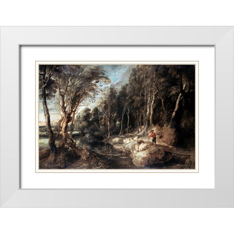 Shepherd With His Flock White Modern Wood Framed Art Print with Double Matting by Rubens, Peter Paul