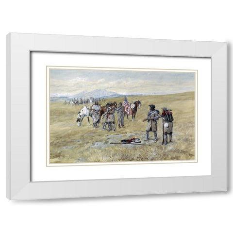 Captain Meriwether Lewis Meeting The Shoshones White Modern Wood Framed Art Print with Double Matting by Russell, Charles M.