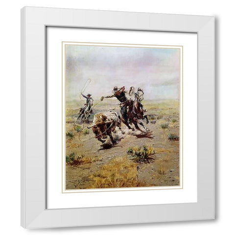Cowboy Roping a Steer White Modern Wood Framed Art Print with Double Matting by Russell, Charles
