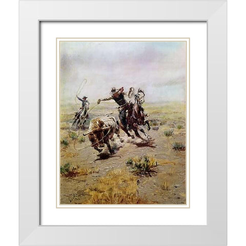 Cowboy Roping a Steer White Modern Wood Framed Art Print with Double Matting by Russell, Charles
