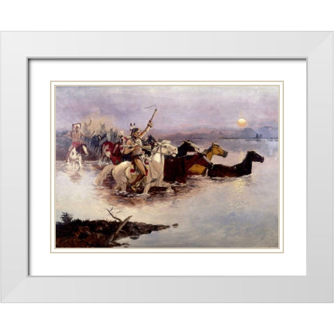 Crossing The River White Modern Wood Framed Art Print with Double Matting by Russell, Charles M.