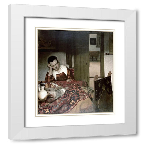 Girl Asleep at a Table White Modern Wood Framed Art Print with Double Matting by Vermeer, Johannes