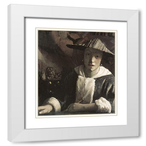 Girl with a Flute White Modern Wood Framed Art Print with Double Matting by Vermeer, Johannes