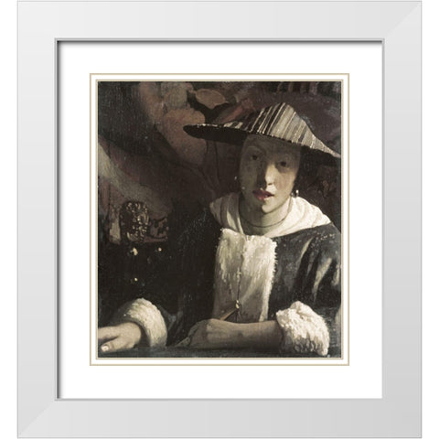 Girl with a Flute White Modern Wood Framed Art Print with Double Matting by Vermeer, Johannes