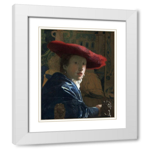 Girl with a Red Hat White Modern Wood Framed Art Print with Double Matting by Vermeer, Johannes