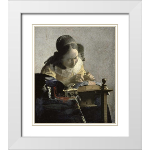 The Lacemaker White Modern Wood Framed Art Print with Double Matting by Vermeer, Johannes