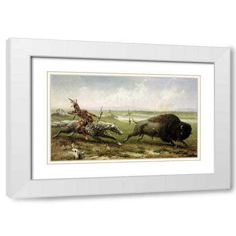 Buffalo Hunt White Modern Wood Framed Art Print with Double Matting by Walker, Frederick