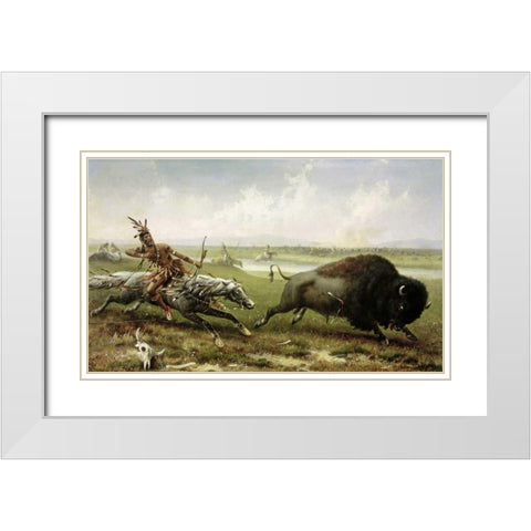 Buffalo Hunt White Modern Wood Framed Art Print with Double Matting by Walker, Frederick