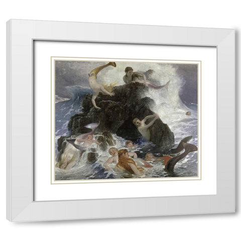 Mermaids at Play White Modern Wood Framed Art Print with Double Matting by Bocklin, Arnold