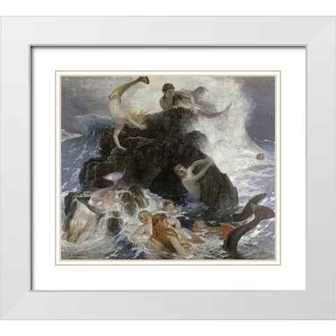 Mermaids at Play White Modern Wood Framed Art Print with Double Matting by Bocklin, Arnold