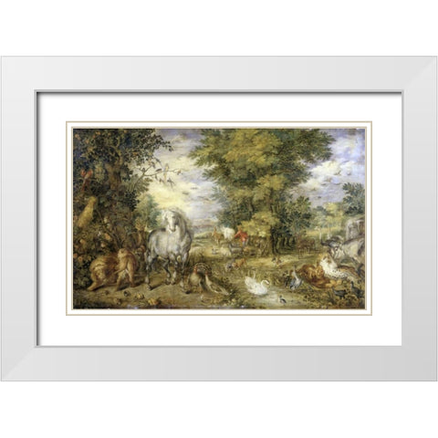 The Animals Approaching the Ark White Modern Wood Framed Art Print with Double Matting by Jan Brueghel the Elder