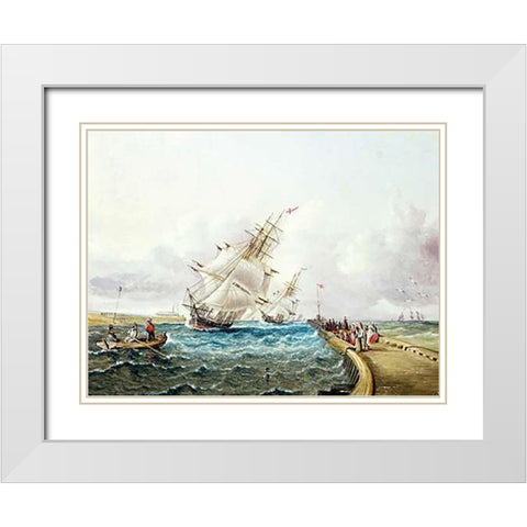 Square Rigged Ships off Jetty White Modern Wood Framed Art Print with Double Matting by Buttersworth, James E.