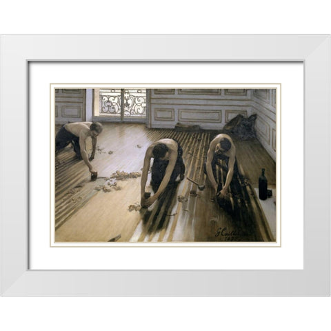 The Floor Scrapers White Modern Wood Framed Art Print with Double Matting by Caillebotte, Gustave