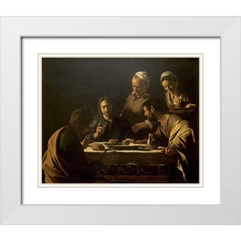 Supper at Emmaus White Modern Wood Framed Art Print with Double Matting by Caravaggio