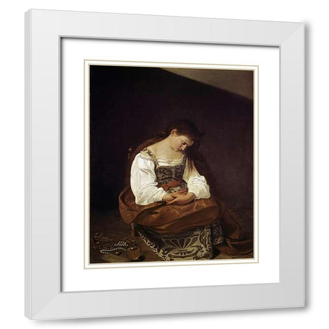 The Repentant Magdalene White Modern Wood Framed Art Print with Double Matting by Caravaggio