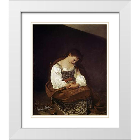 The Repentant Magdalene White Modern Wood Framed Art Print with Double Matting by Caravaggio