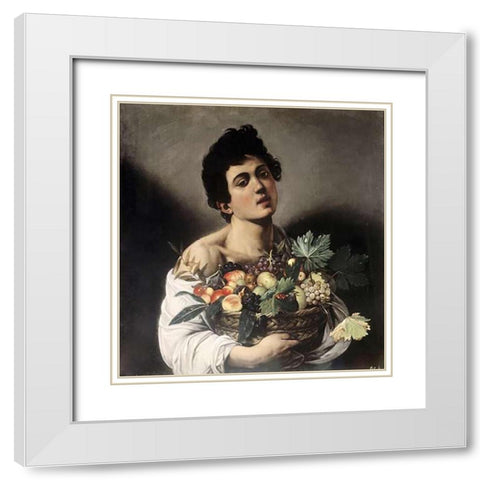 Young Boy with Basketful of Fruit White Modern Wood Framed Art Print with Double Matting by Caravaggio
