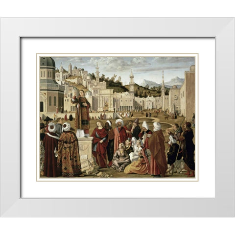 St. Stephen Preaching at Jerusalem White Modern Wood Framed Art Print with Double Matting by Carpaccio, Vittore