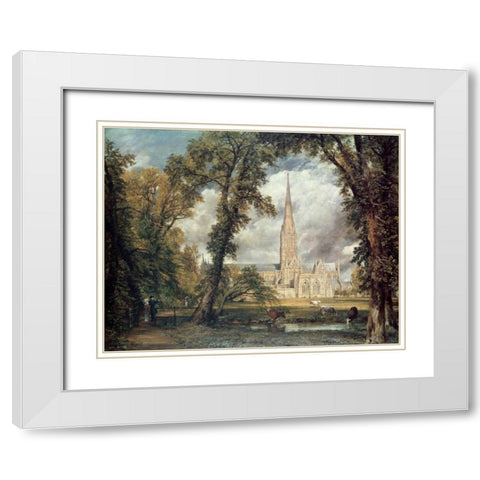 Salisbury Cathedral White Modern Wood Framed Art Print with Double Matting by Constable, John