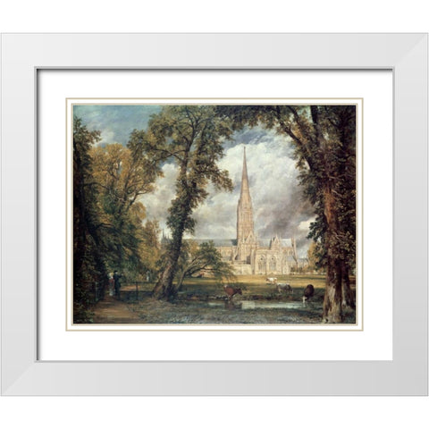 Salisbury Cathedral White Modern Wood Framed Art Print with Double Matting by Constable, John