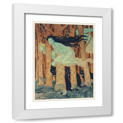 Three Women and Three Wolves White Modern Wood Framed Art Print with Double Matting by Grasset, Eugene