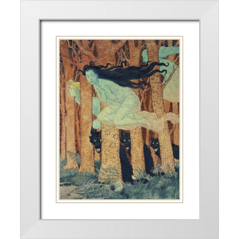 Three Women and Three Wolves White Modern Wood Framed Art Print with Double Matting by Grasset, Eugene