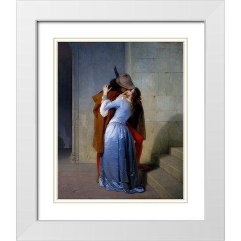 The Kiss White Modern Wood Framed Art Print with Double Matting by Hayez, Francesco