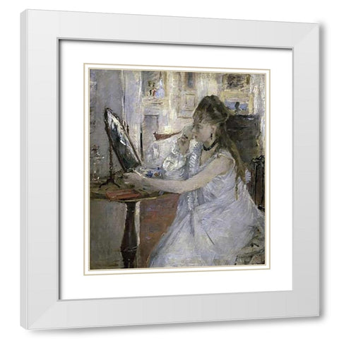 Young Woman Powdering Herself White Modern Wood Framed Art Print with Double Matting by Morisot, Berthe