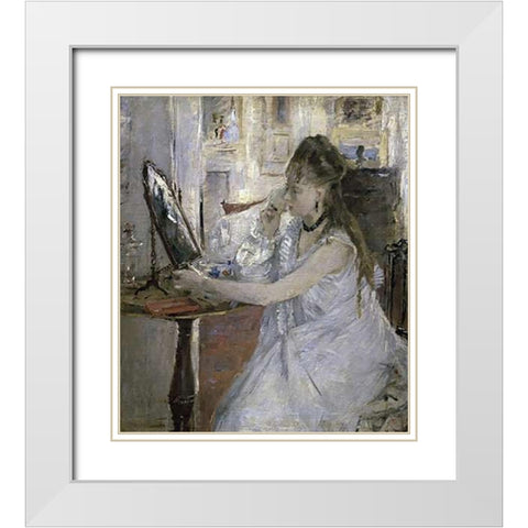 Young Woman Powdering Herself White Modern Wood Framed Art Print with Double Matting by Morisot, Berthe