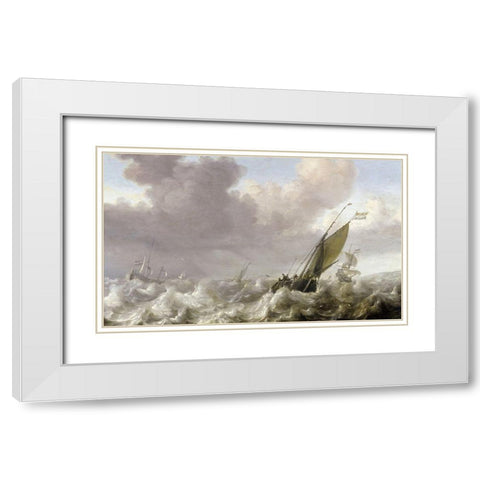 Dutch Windships White Modern Wood Framed Art Print with Double Matting by Porcellis, Julius