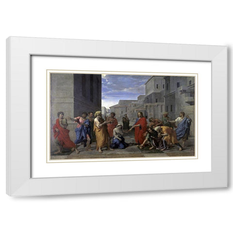 Christ and the Woman Taken in Adultery White Modern Wood Framed Art Print with Double Matting by Poussin, Nicolas