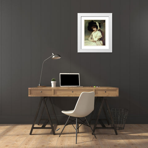 Lady Hamilton in a Straw Hat White Modern Wood Framed Art Print with Double Matting by Romney, George