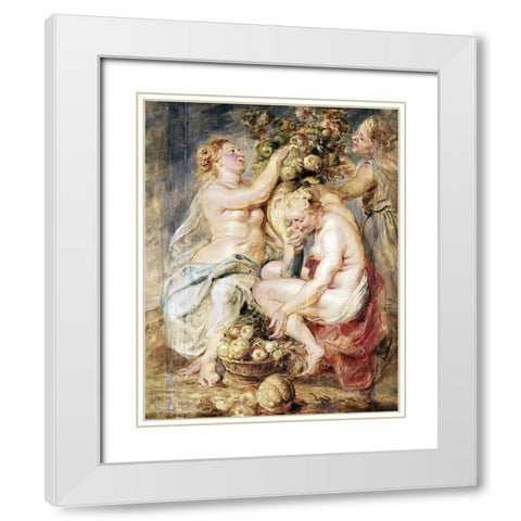 Ceres and Two Nymphs with a Cornucopia White Modern Wood Framed Art Print with Double Matting by Rubens, Peter Paul