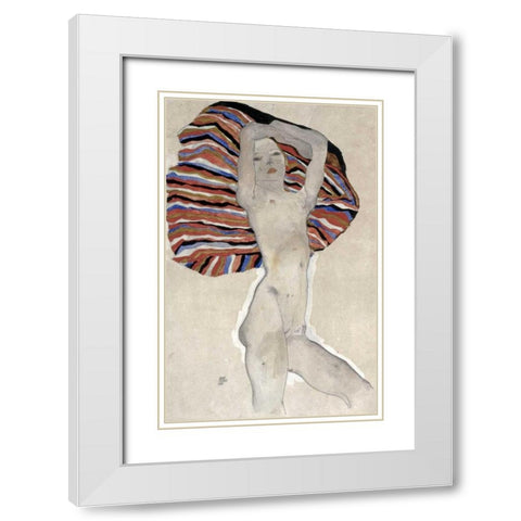 Madchenakt gegen farbiges Tuch, 1911 White Modern Wood Framed Art Print with Double Matting by Schiele, Egon
