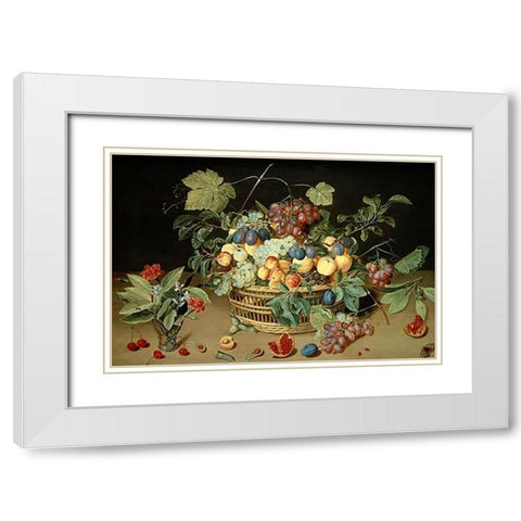 A Still Life of Fruit and Flowers in a Basket White Modern Wood Framed Art Print with Double Matting by Van Hulsdonck, Jacob