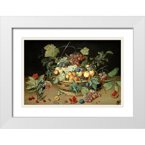 A Still Life of Fruit and Flowers in a Basket White Modern Wood Framed Art Print with Double Matting by Van Hulsdonck, Jacob