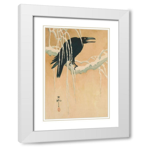 Blackbird in snow, 1885 White Modern Wood Framed Art Print with Double Matting by Ikeda, Koson