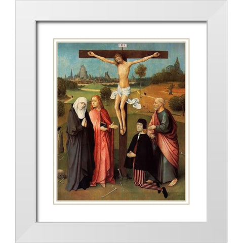 Calvary With Donor White Modern Wood Framed Art Print with Double Matting by Bosch, Hieronymus