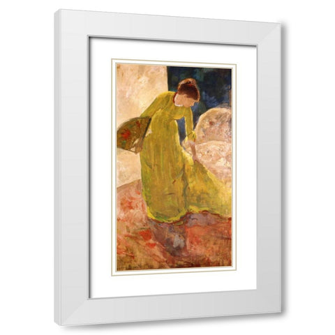 Woman Standing Holding A Fan 1879 White Modern Wood Framed Art Print with Double Matting by Cassatt, Mary