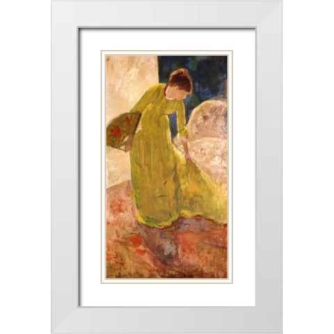 Woman Standing Holding A Fan 1879 White Modern Wood Framed Art Print with Double Matting by Cassatt, Mary
