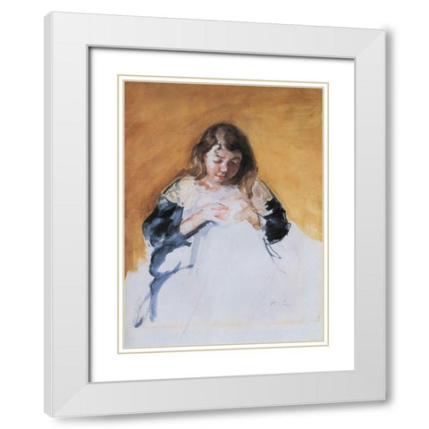 Young Girl In Blue 1908 White Modern Wood Framed Art Print with Double Matting by Cassatt, Mary